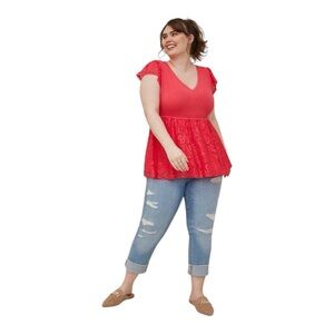 Torrid Babydoll Fabric Mix Super Soft V Neck Lace Trim Top Womens 4 4X 26 Pink